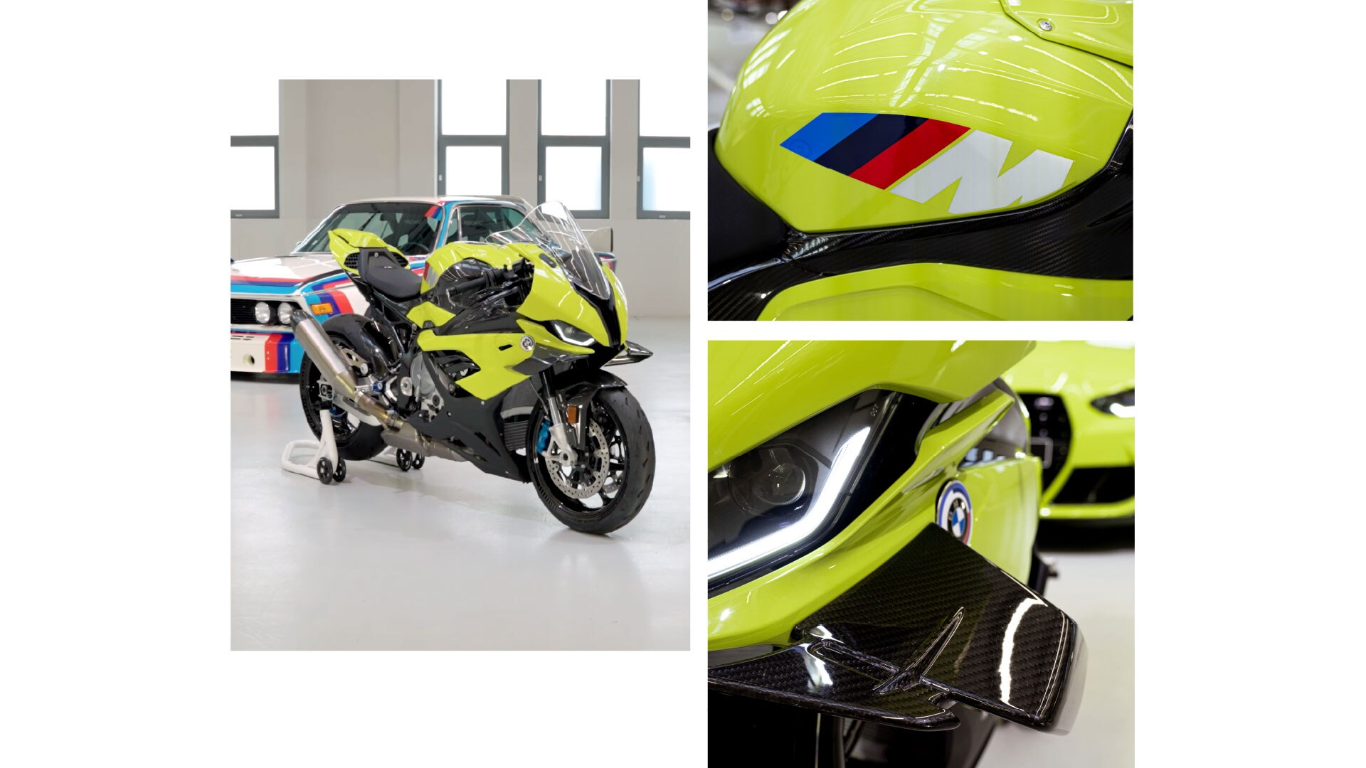 Vista frontale della M RR 50 Years M: Chiaramente riconoscibili: le Winglets. Il logo BMW M con i tre iconici colori blu, blu scuro e rosso, che si appoggiano dinamicamente ad angolo sulla M bianca
