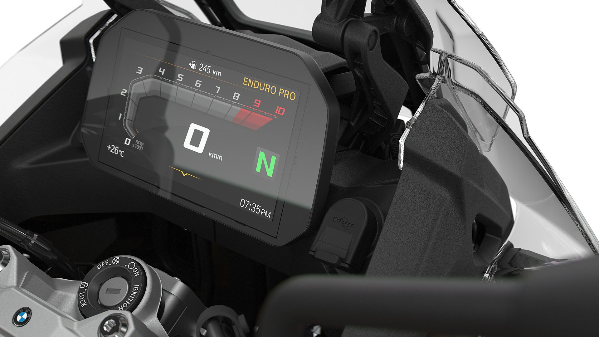 Vediamo il parabrezza Touring e la porta USB della F 850 GS Adventure.