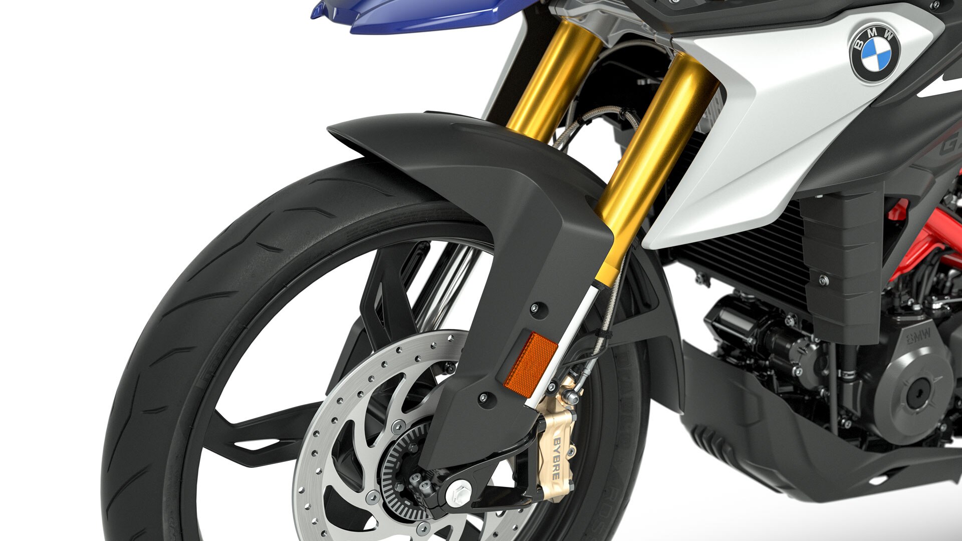 Vediamo la forcella upside-down anodizzata color oro della G 310 GS.