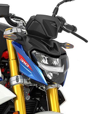 Vediamo il faro a LED di serie e l'indicatore di direzione a LED della G 310 R.