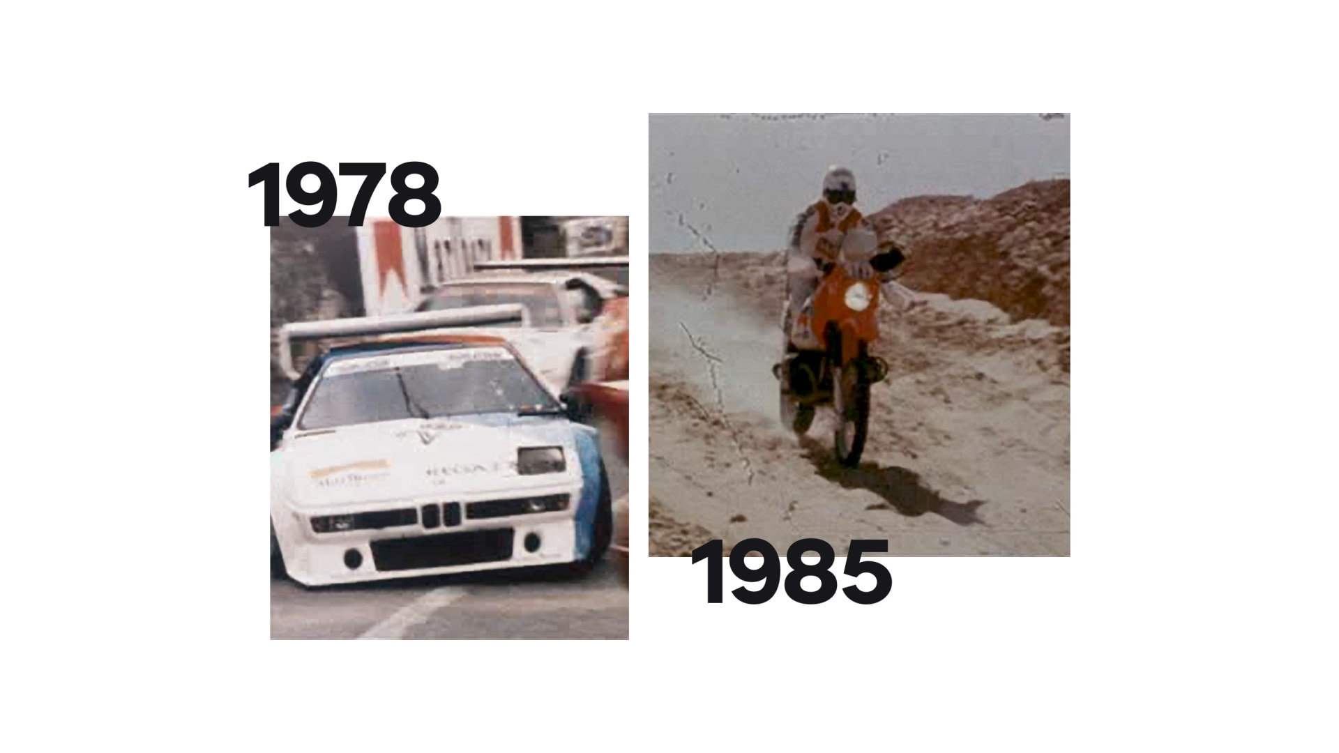 A sinistra una foto storica della BMW M1, a destra la leggendaria Rallye Paris Dakar.