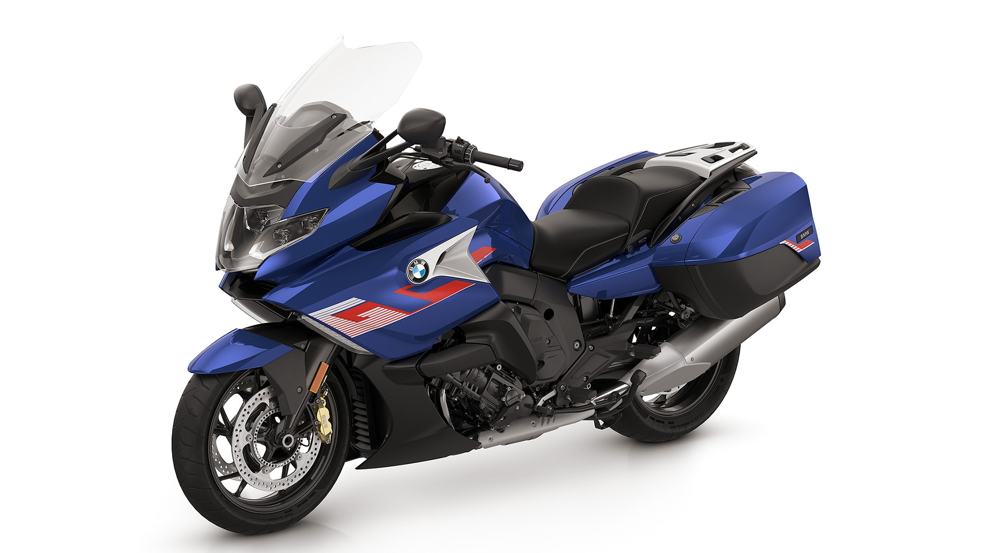 K 1600 GT in Light White Uni/Racing Blue metallizzato/Racing Red Uni.