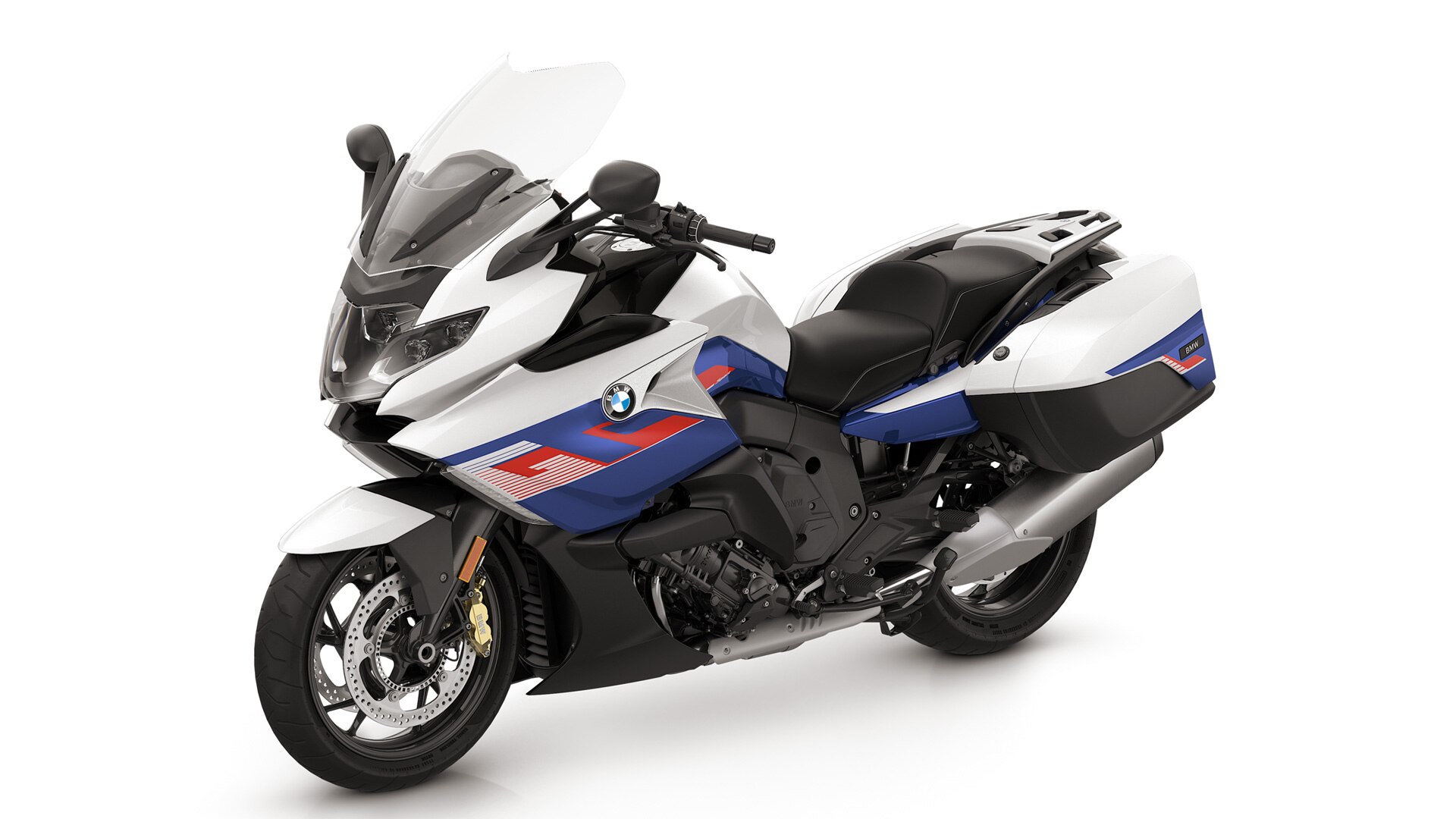 K 1600 GT in Light White Uni/Racing Blue metallizzato/Racing Red Uni.