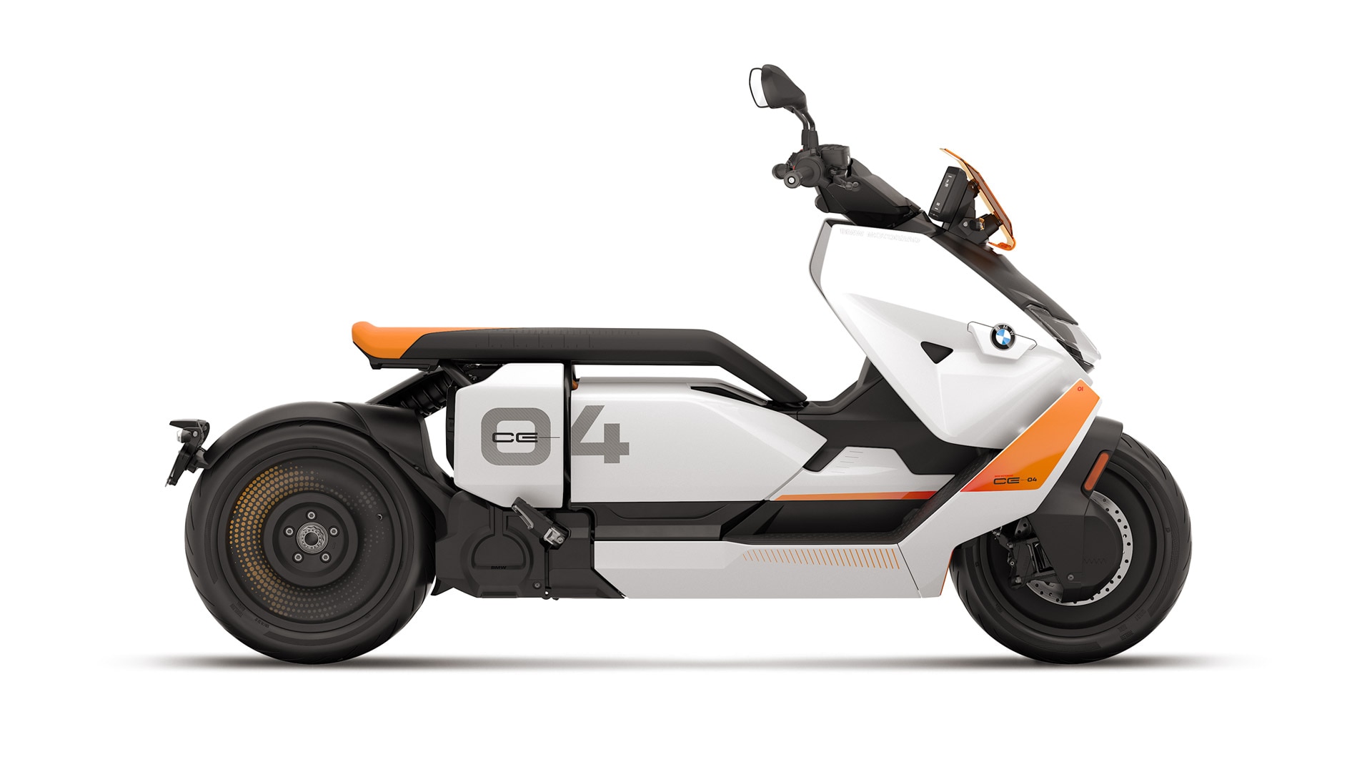 BMW CE 04 in vista laterale con nastri arancioni.
