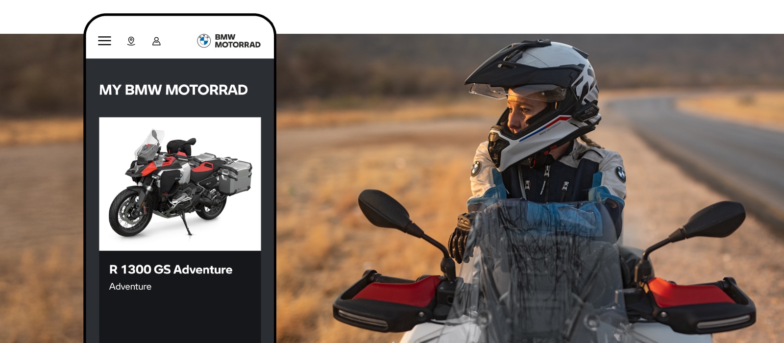 Una pilota in sella a una moto BMW Motorrad. A sinistra un mobile mockup di BMW Motorrad CarData